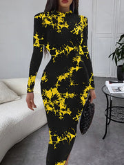 Graphic High Neck Mock Regular Sleeve Bodycon Dress