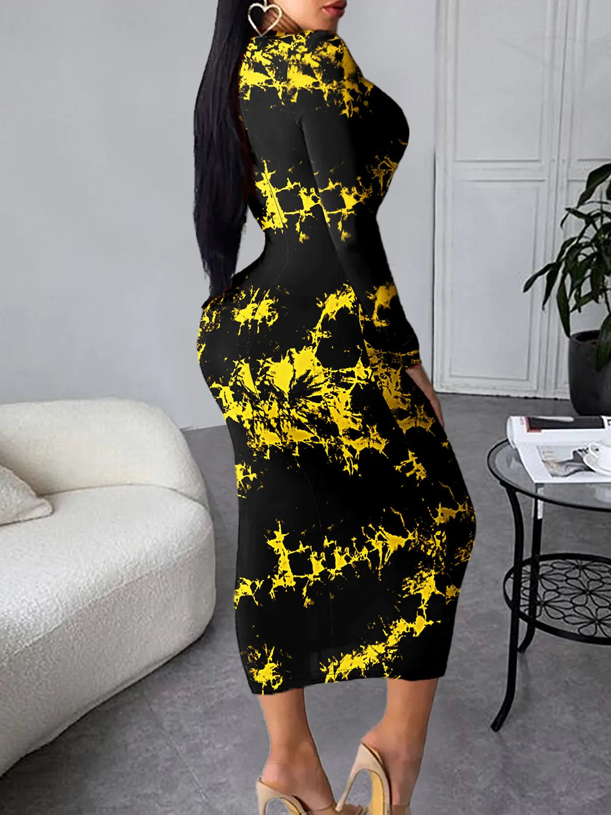 Graphic High Neck Mock Regular Sleeve Bodycon Dress