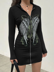 Graphic Hooded Regular Sleeve Wrap Dress