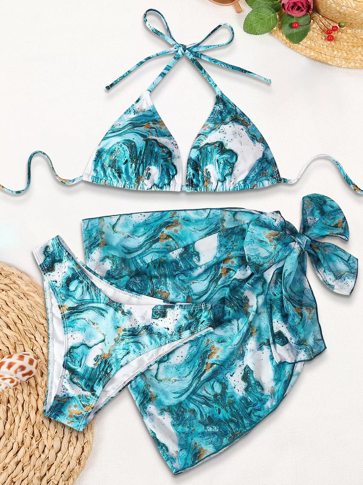 Marble Print Lace-up High Rise Bikini Sets