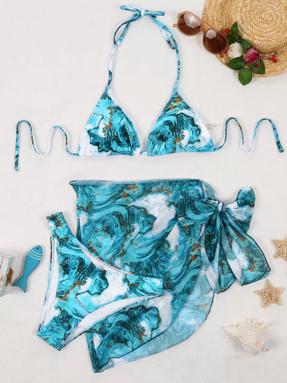 Marble Print Lace-up High Rise Bikini Sets