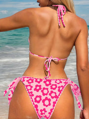 Graphic Flowers Lace-up Low Rise Halter Bind Bikini