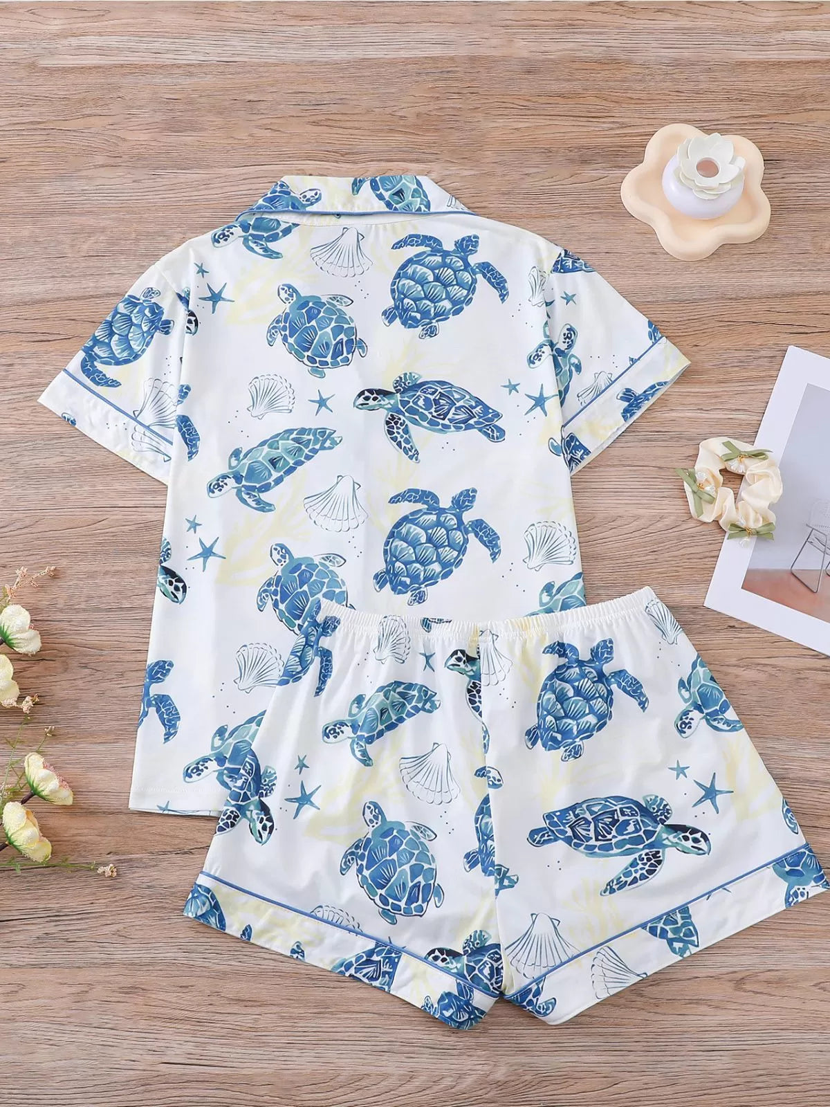Graphic Ocean Turtle Star Print Pajama Shorts Set