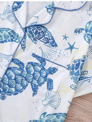 Graphic Ocean Turtle Star Print Pajama Shorts Set