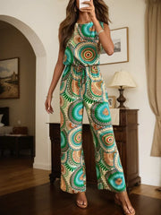 Tropical Lace-up Round Neck High Rise Jumpsuits