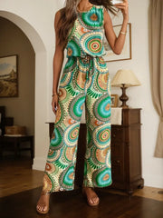 Tropical Lace-up Round Neck High Rise Jumpsuits