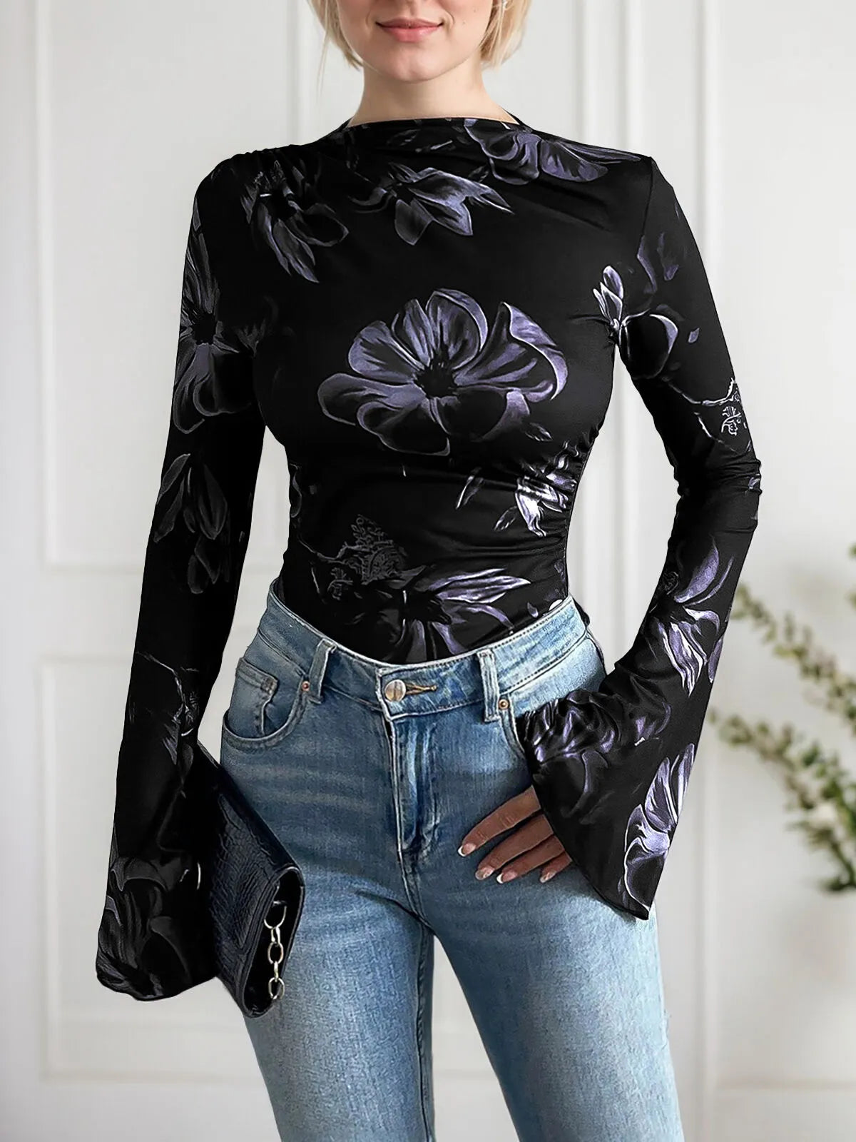 Graphic Turtleneck Flare Bodysuits