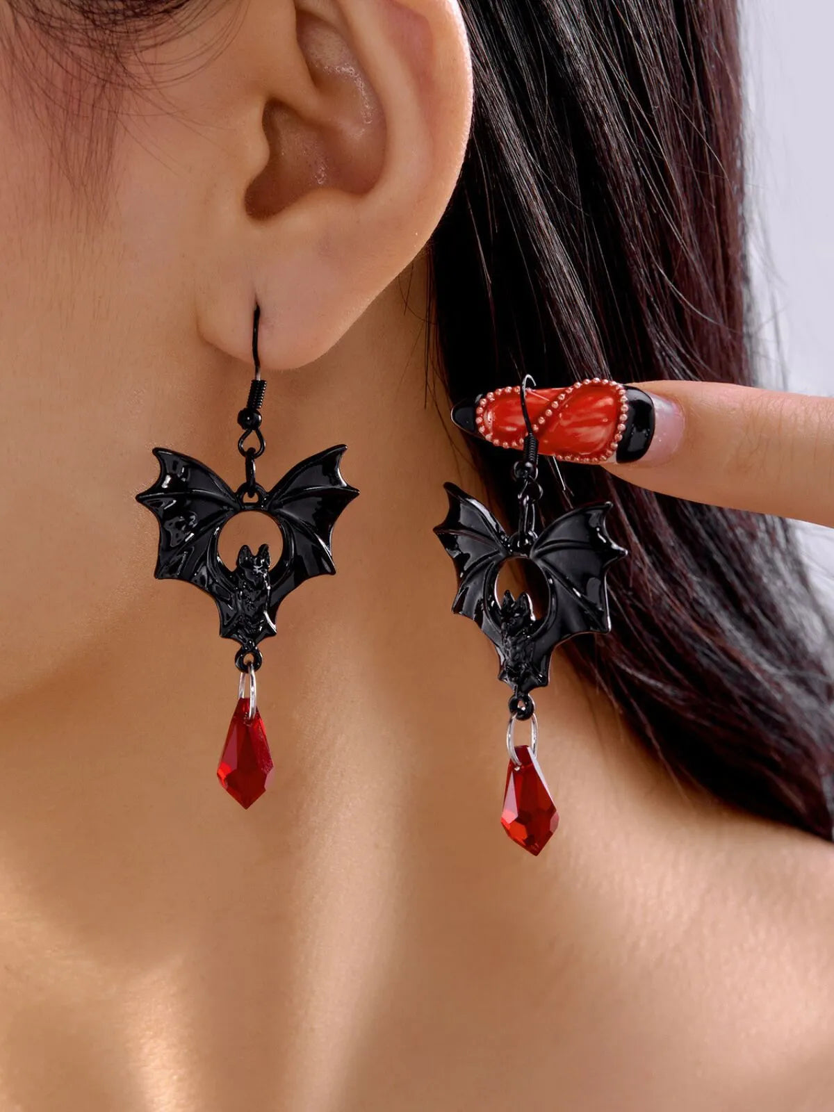 Halloween 1 Pair Dark Gothic Punk Style Black Bat and Red Crystal Earrings