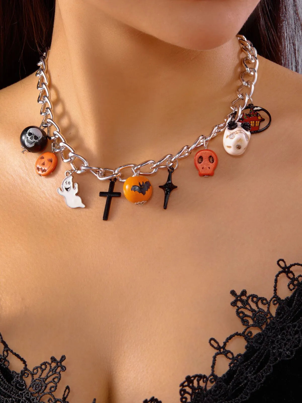 Halloween 1pc Pumpkin and Bat Necklace