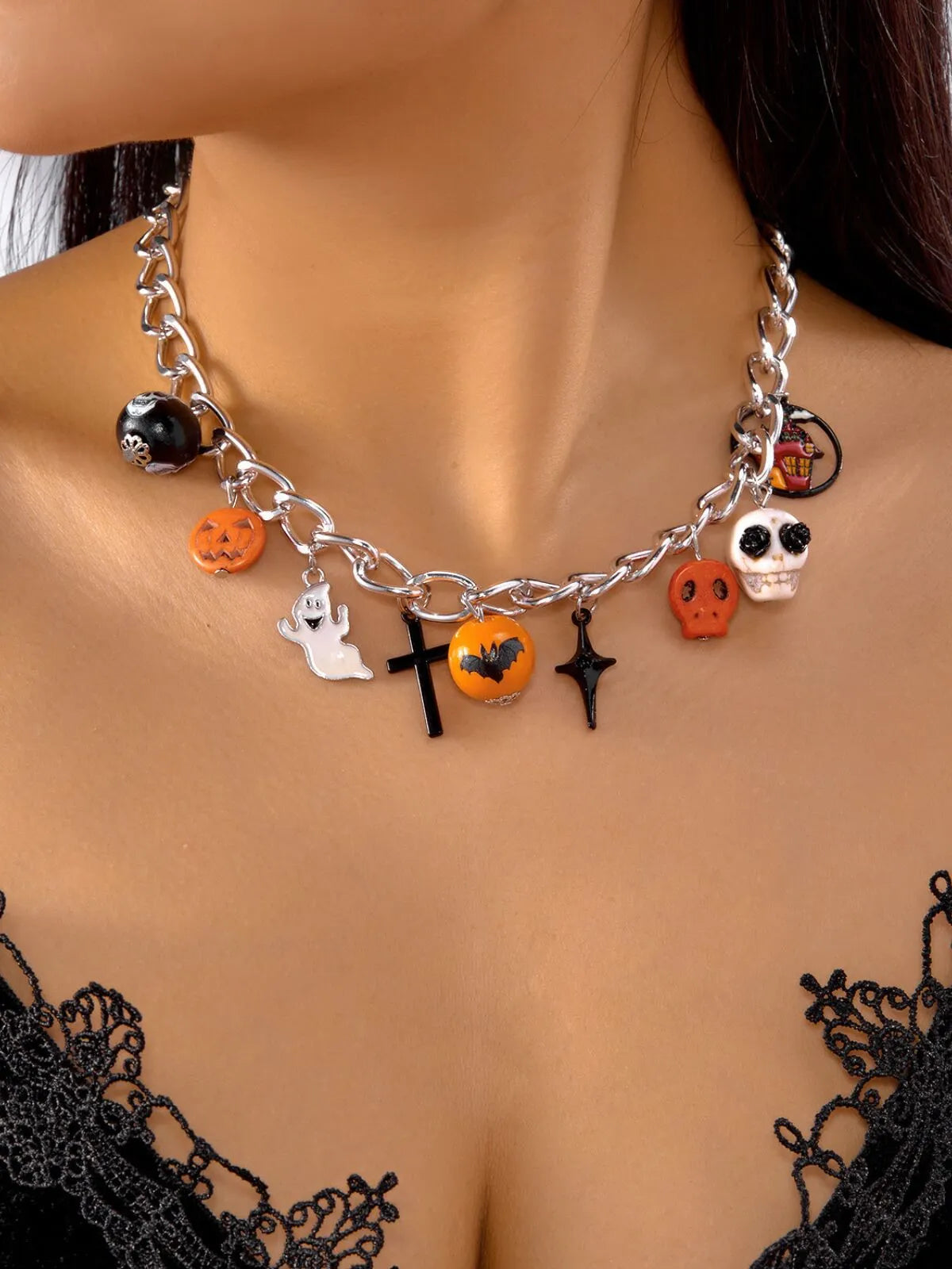 Halloween 1pc Pumpkin and Bat Necklace