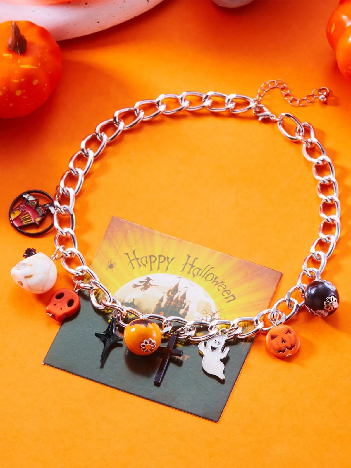 Halloween 1pc Pumpkin and Bat Necklace