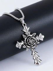 Halloween 1pc Rose Cross Pendant Stainless Steel Chain Punk Christmas Gifts Necklace