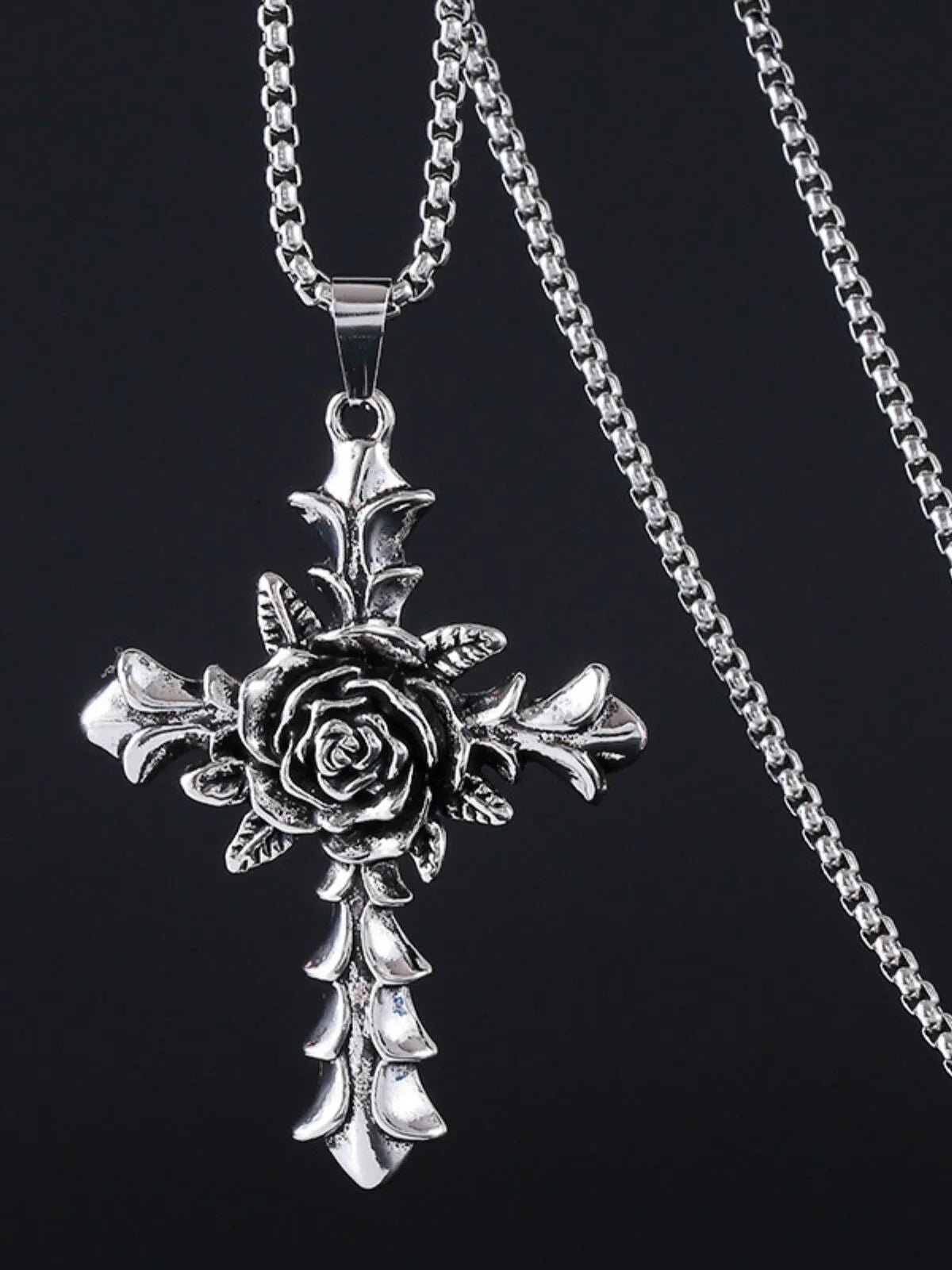 Halloween 1pc Rose Cross Pendant Stainless Steel Chain Punk Christmas Gifts Necklace