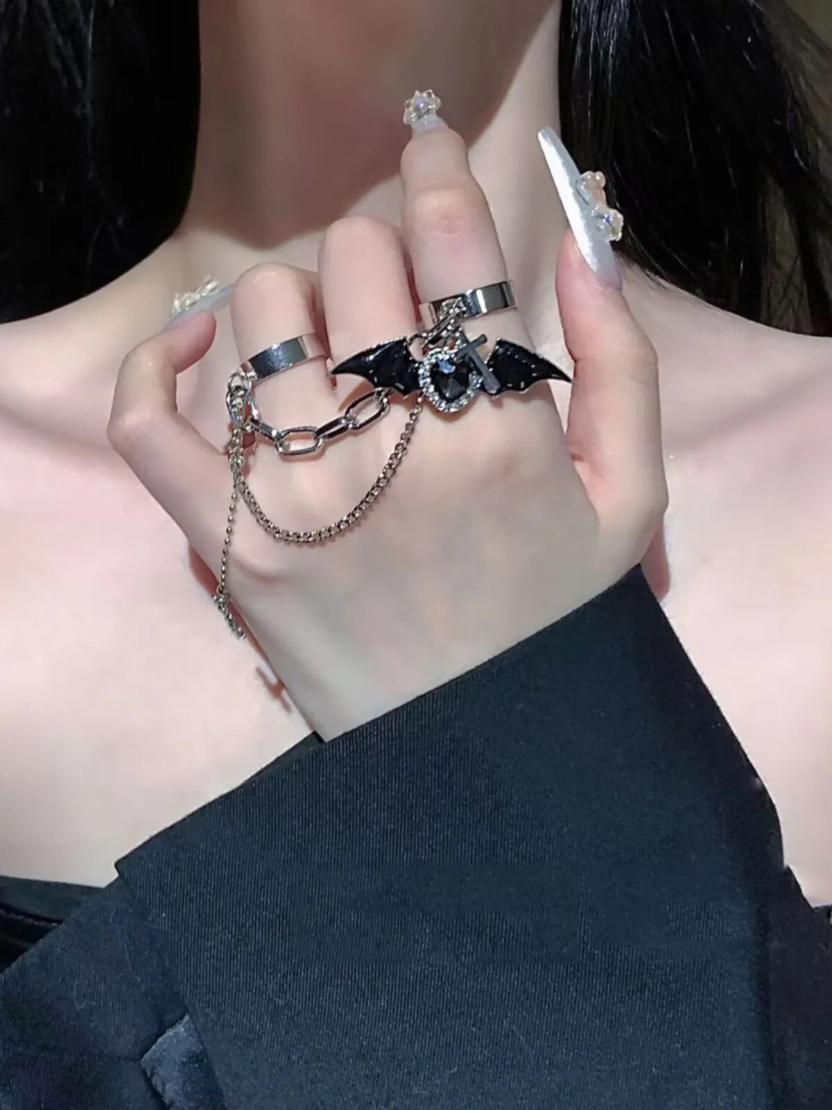 Halloween Gothic Black Bat Wing Cross Chain Rings Y2K Kpop Dark Crystal Heart Zircon Cross Rings