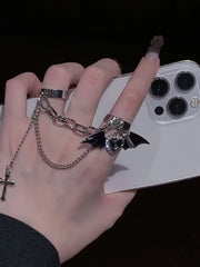 Halloween Gothic Black Bat Wing Cross Chain Rings Y2K Kpop Dark Crystal Heart Zircon Cross Rings