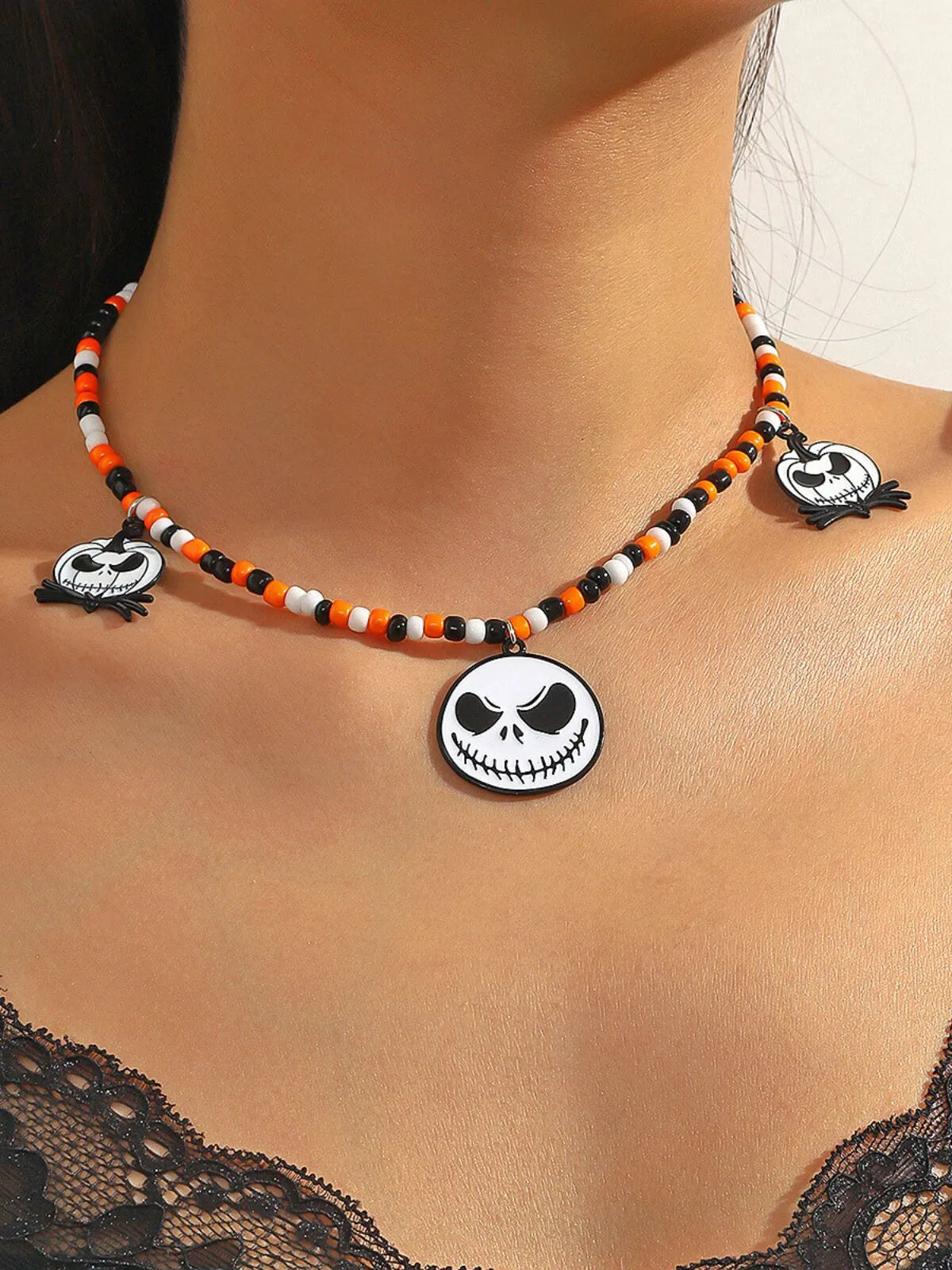 Halloween 1PC Bead Funny Vintage Handmade Bat Pumpkin Skull Spider Pendant Necklace