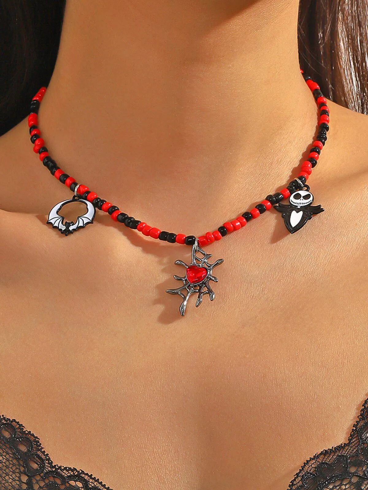 Halloween 1PC Bead Funny Vintage Handmade Bat Pumpkin Skull Spider Pendant Necklace