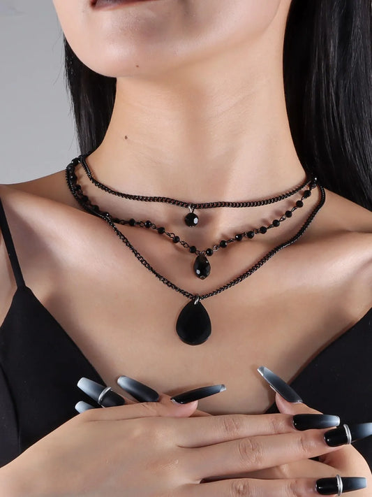 Halloween 1pc Black Metal Edgy Teardrop Pendant Gothic Triple Layer Chain Necklace 1200