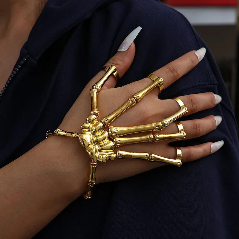 1PC Gothic Punk Skeleton Hand Glove Adjustable Metal Finger Claw Skeleton Full for Halloween Cosplay and Party