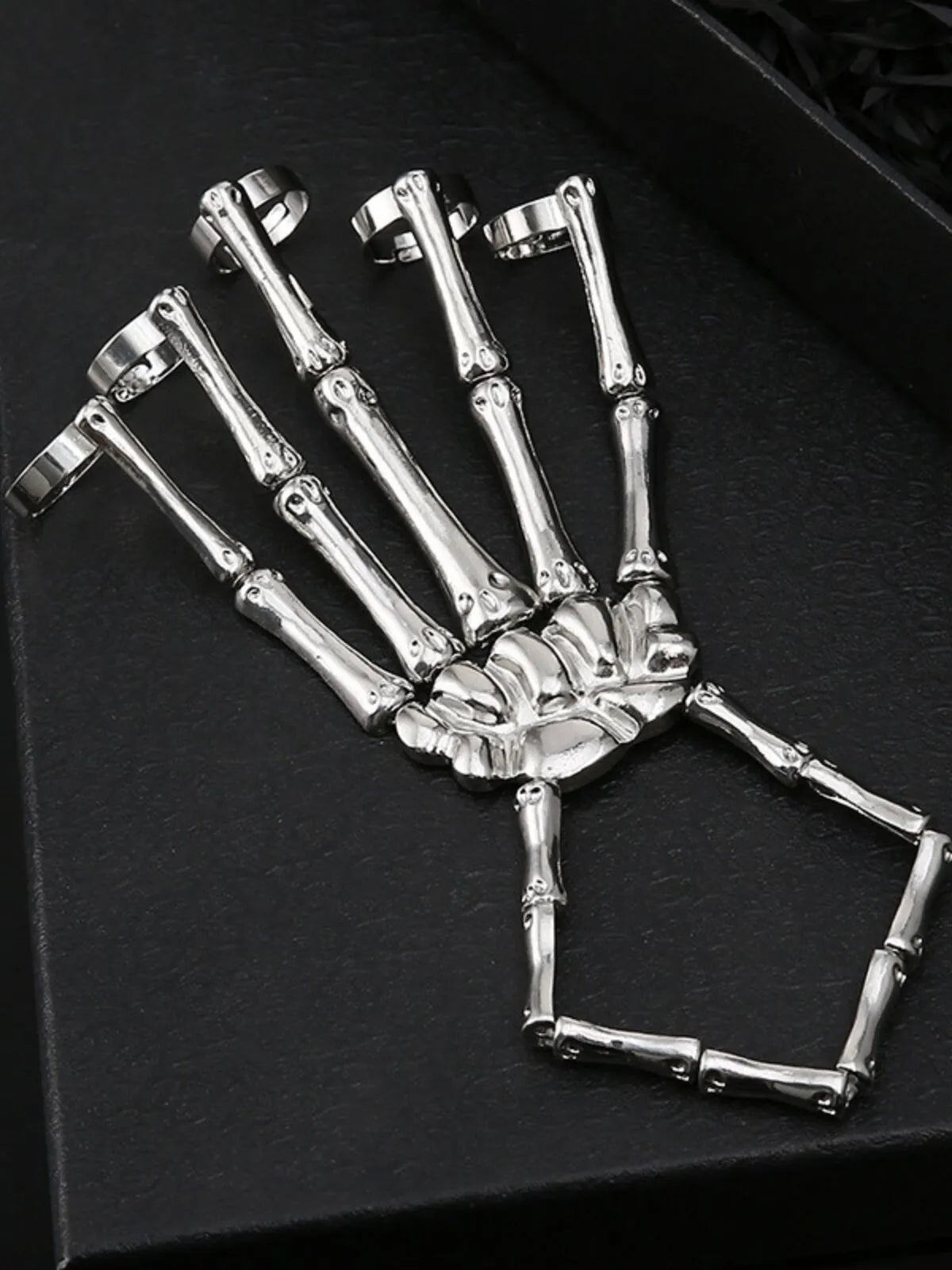 1PC Gothic Punk Skeleton Hand Glove Adjustable Metal Finger Claw Skeleton Full for Halloween Cosplay and Party