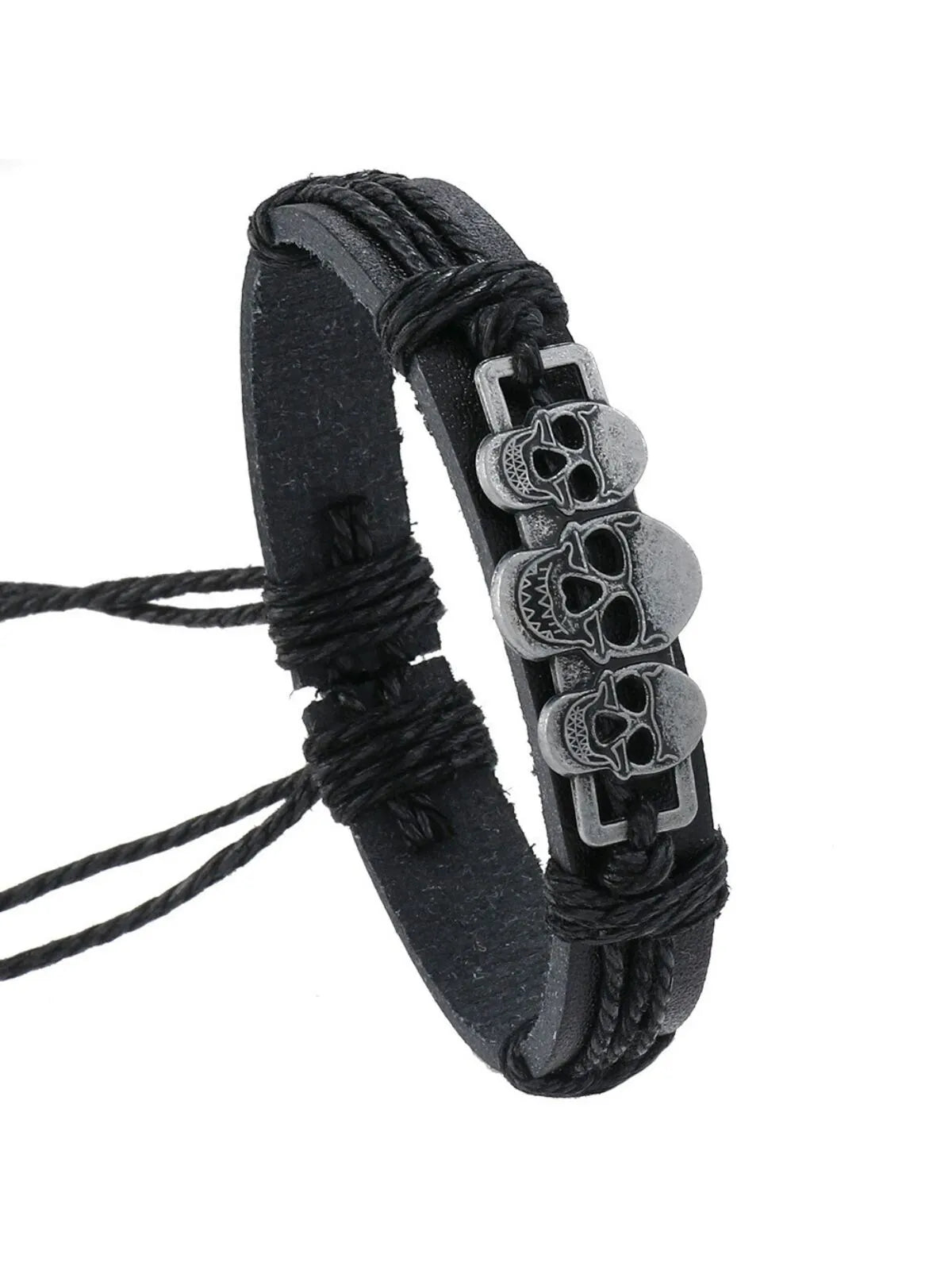 Halloween 1PC Adjustable Cord with 3 Skull Charms Faux Leather Bracelet