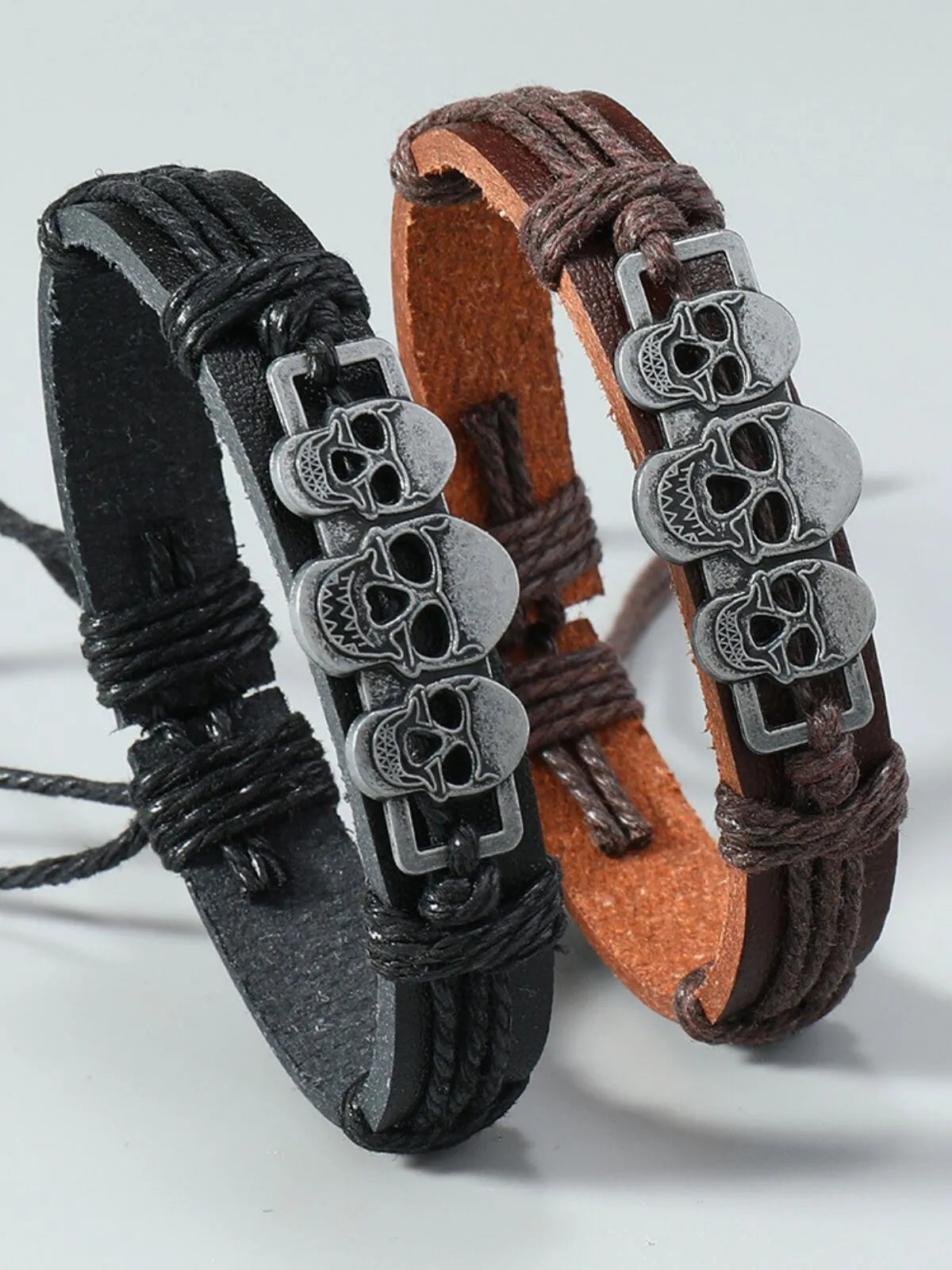 Halloween 1PC Adjustable Cord with 3 Skull Charms Faux Leather Bracelet