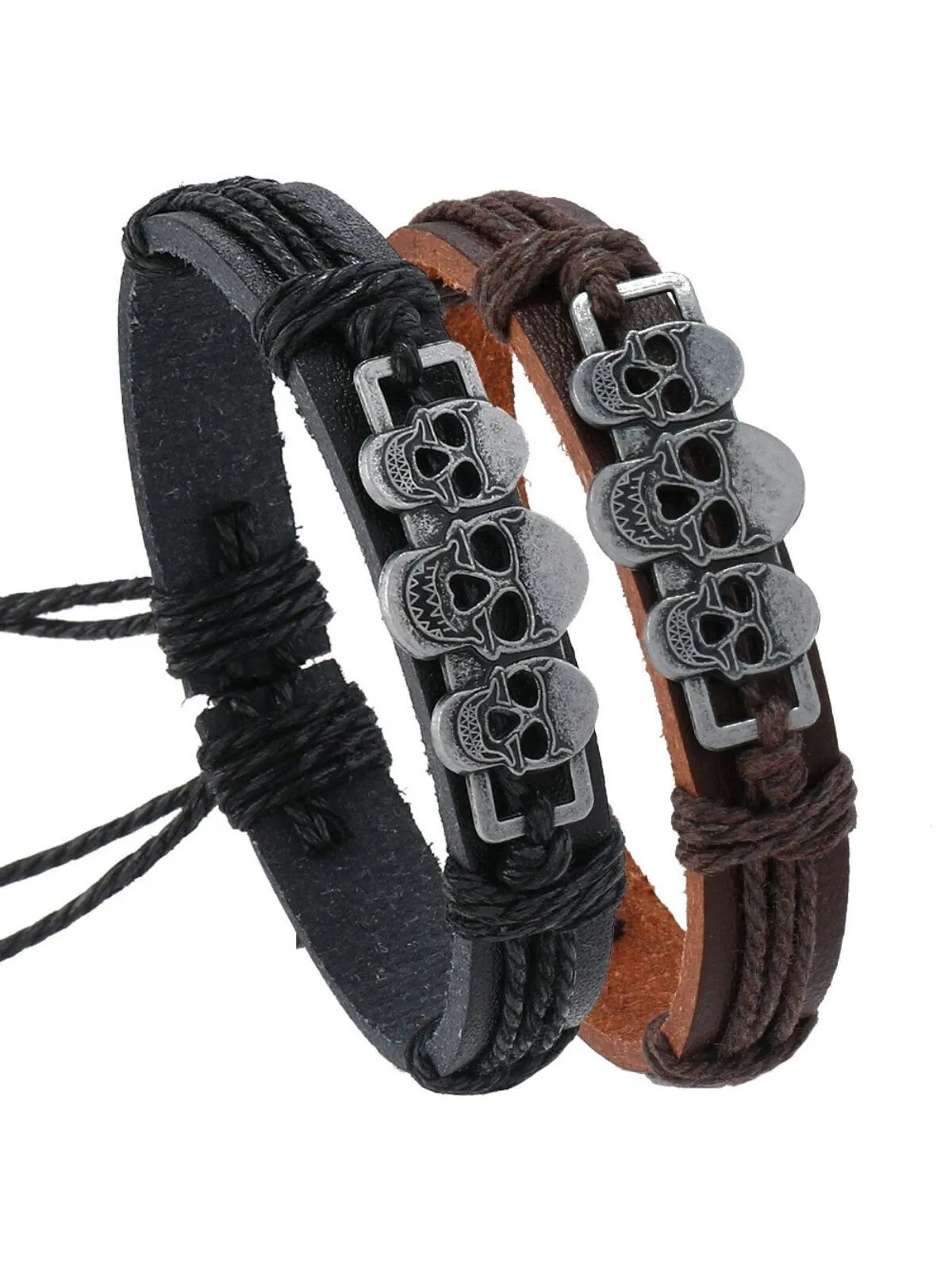 Halloween 1PC Adjustable Cord with 3 Skull Charms Faux Leather Bracelet