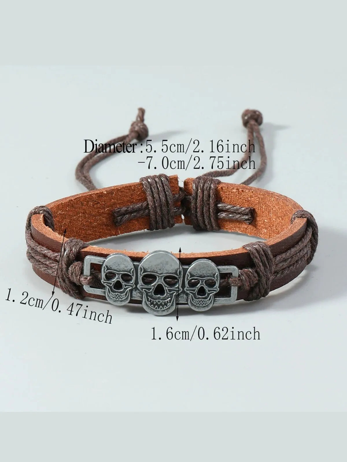 Halloween 1PC Adjustable Cord with 3 Skull Charms Faux Leather Bracelet