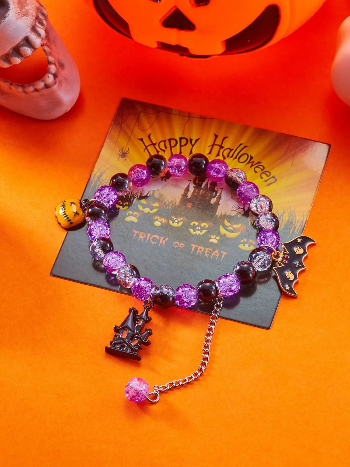 2PCS/Set Halloween Skull Pumpkin Ghost Charm Handmade Beaded Matching Couple Bangles Gothic Jewelry Gift Bracelets