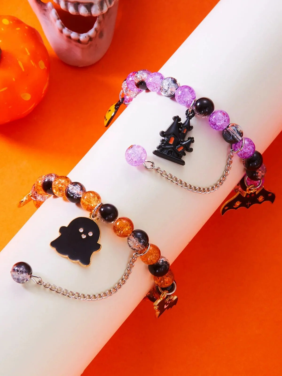 2PCS/Set Halloween Skull Pumpkin Ghost Charm Handmade Beaded Matching Couple Bangles Gothic Jewelry Gift Bracelets