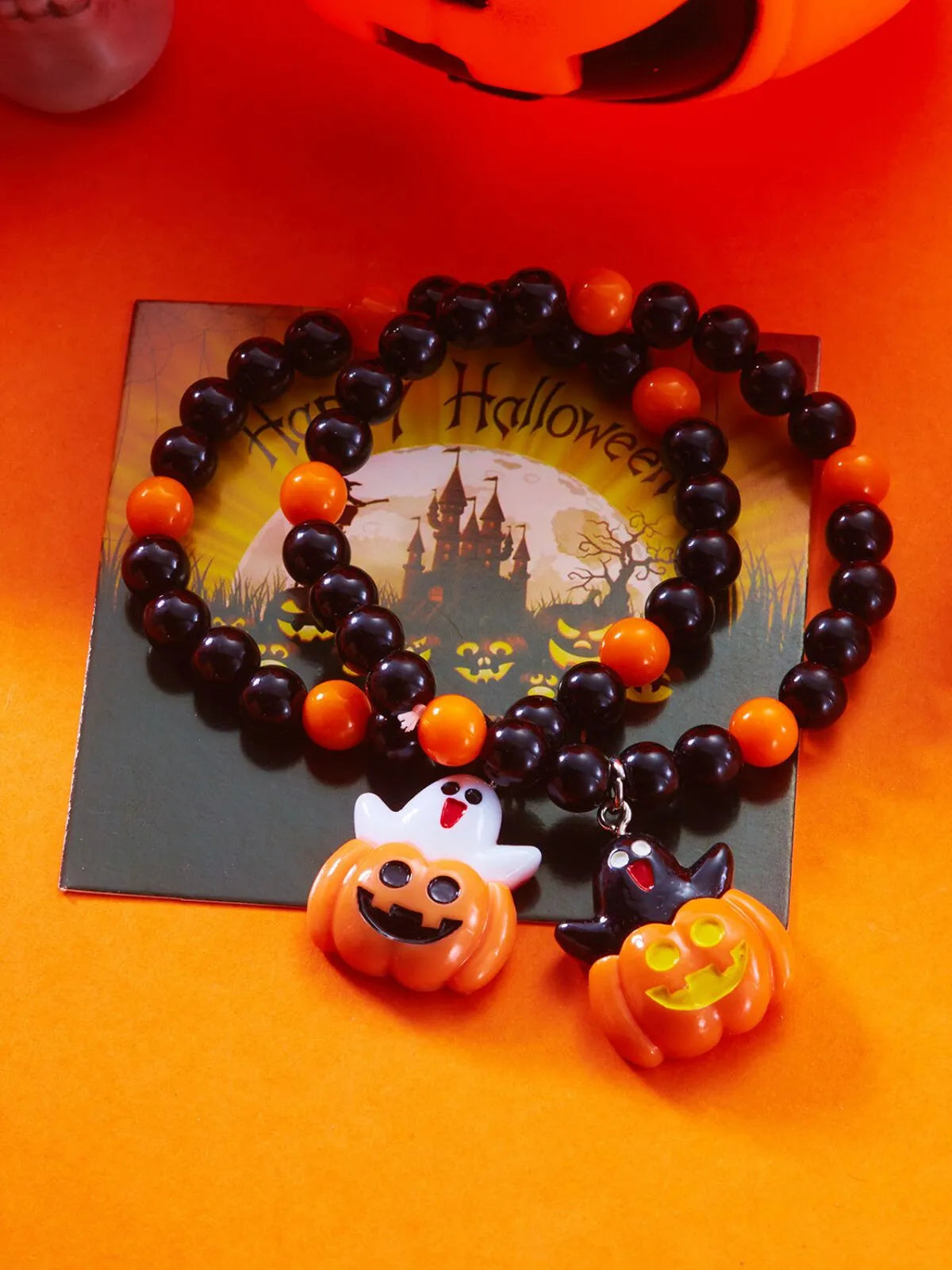 2PCS/Set Halloween Skull Pumpkin Ghost Charm Handmade Beaded Matching Couple Bangles Gothic Jewelry Gift Bracelets