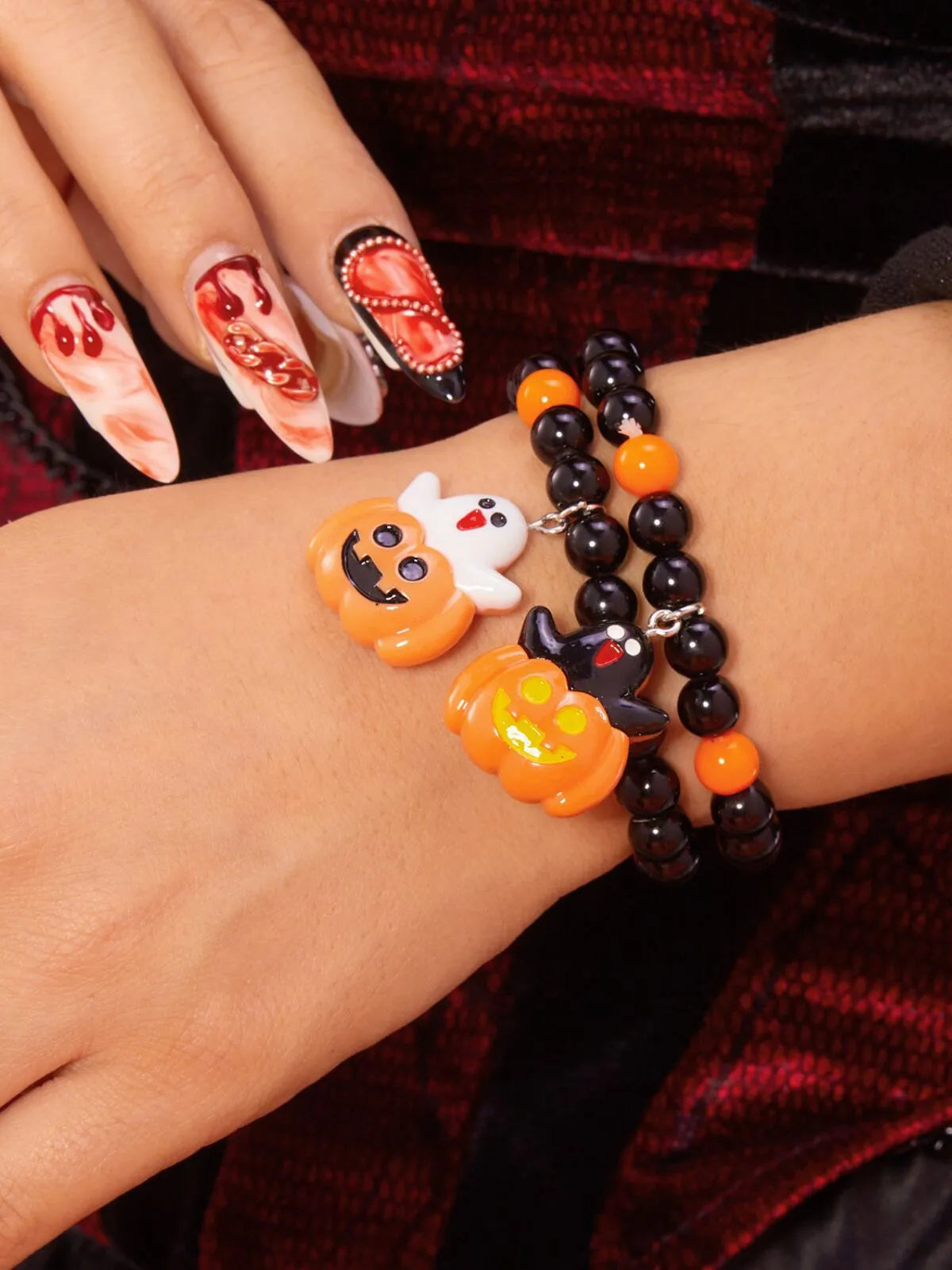 2PCS/Set Halloween Skull Pumpkin Ghost Charm Handmade Beaded Matching Couple Bangles Gothic Jewelry Gift Bracelets