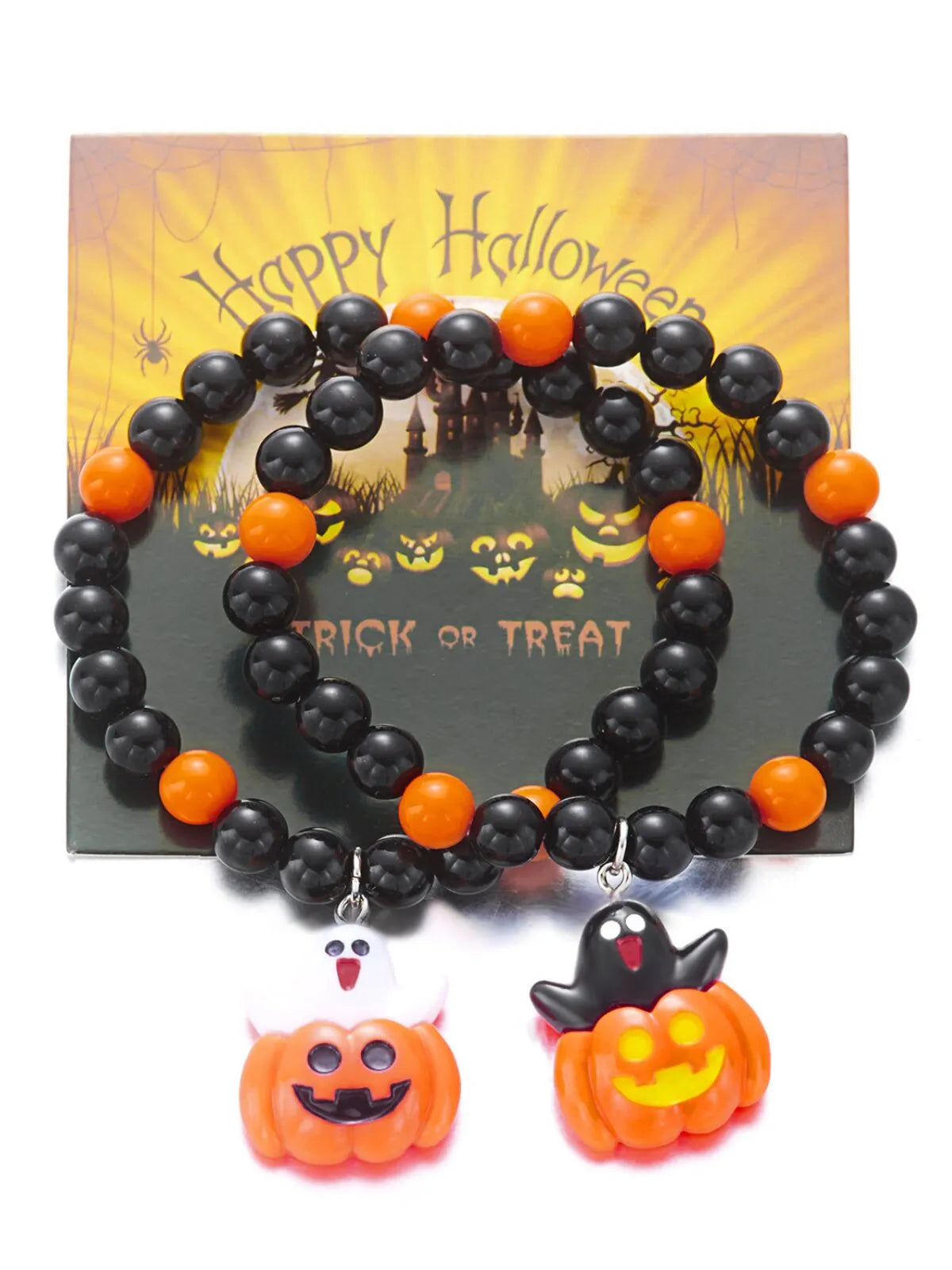 2PCS/Set Halloween Skull Pumpkin Ghost Charm Handmade Beaded Matching Couple Bangles Gothic Jewelry Gift Bracelets