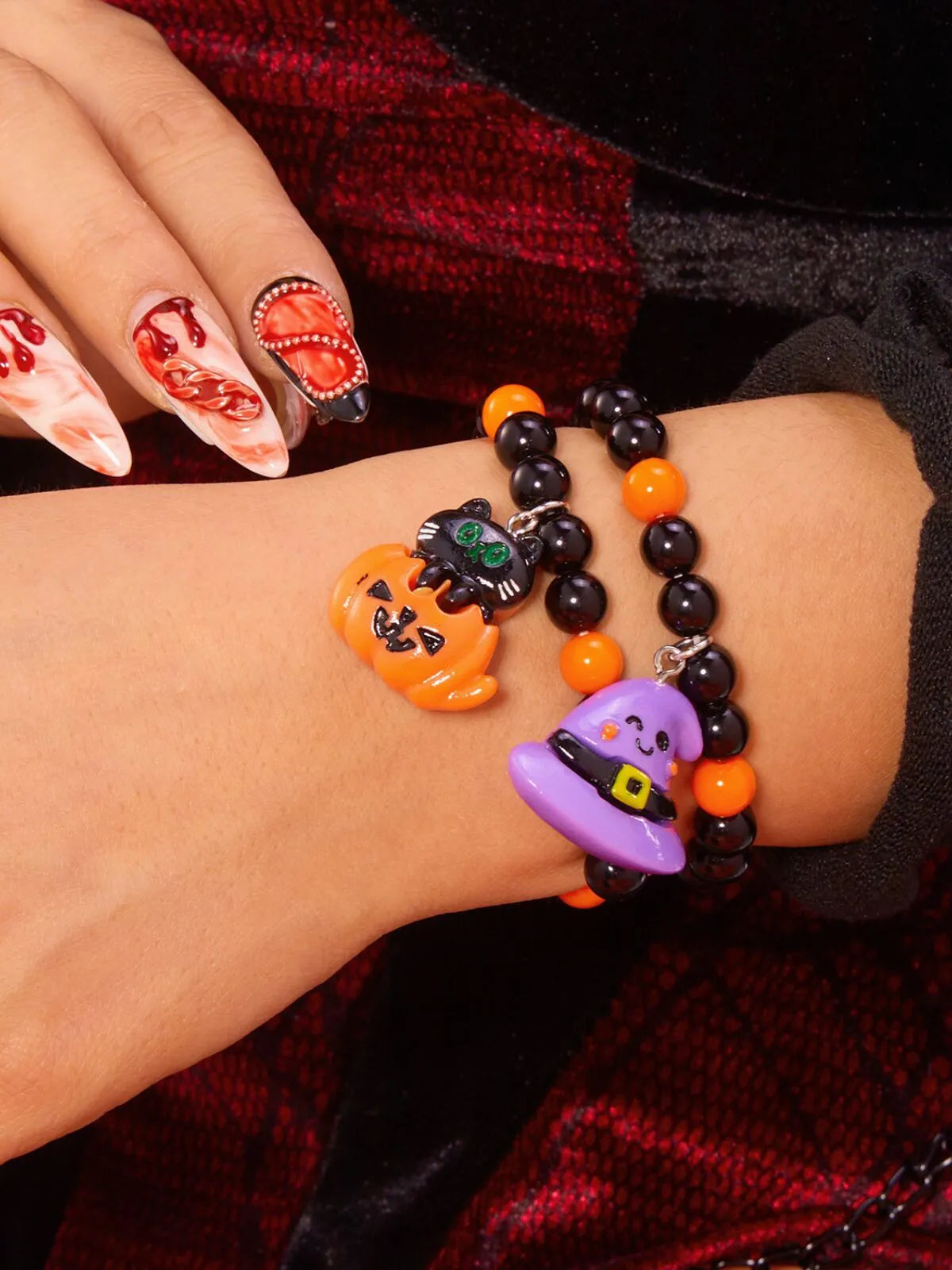 2PCS/Set Halloween Skull Pumpkin Ghost Charm Handmade Beaded Matching Couple Bangles Gothic Jewelry Gift Bracelets
