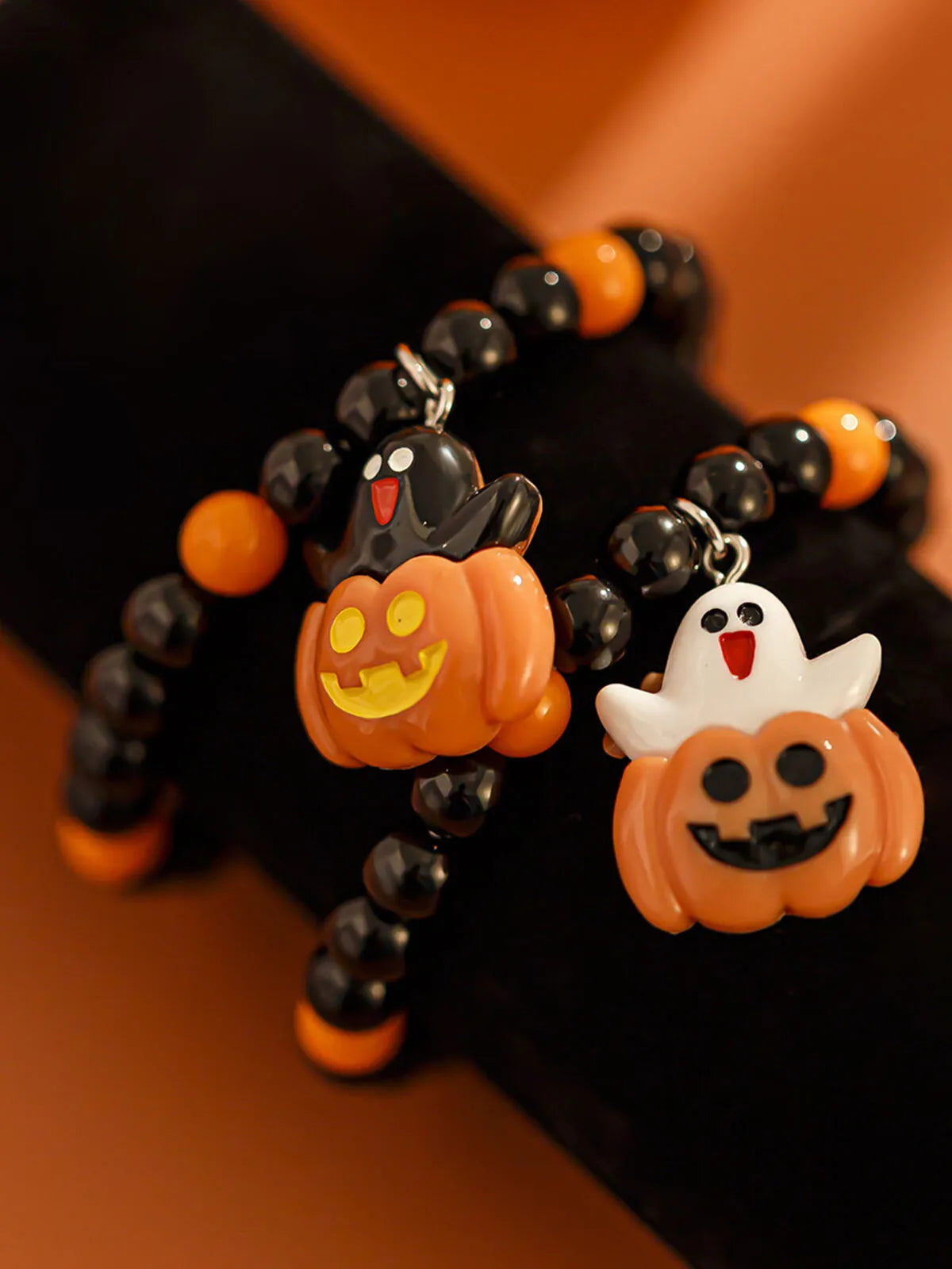Halloween 2pcs Goth Fashionable and Cute Pumpkin and Ghost Beaded Friendship and Couple Gift Bracelet