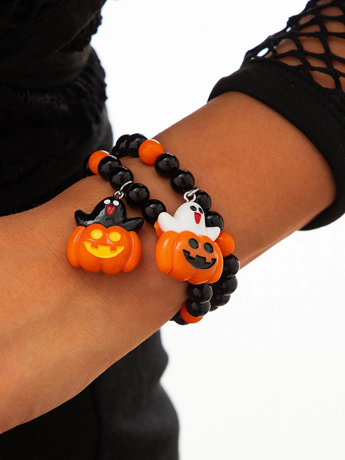 Halloween 2pcs Goth Fashionable and Cute Pumpkin and Ghost Beaded Friendship and Couple Gift Bracelet