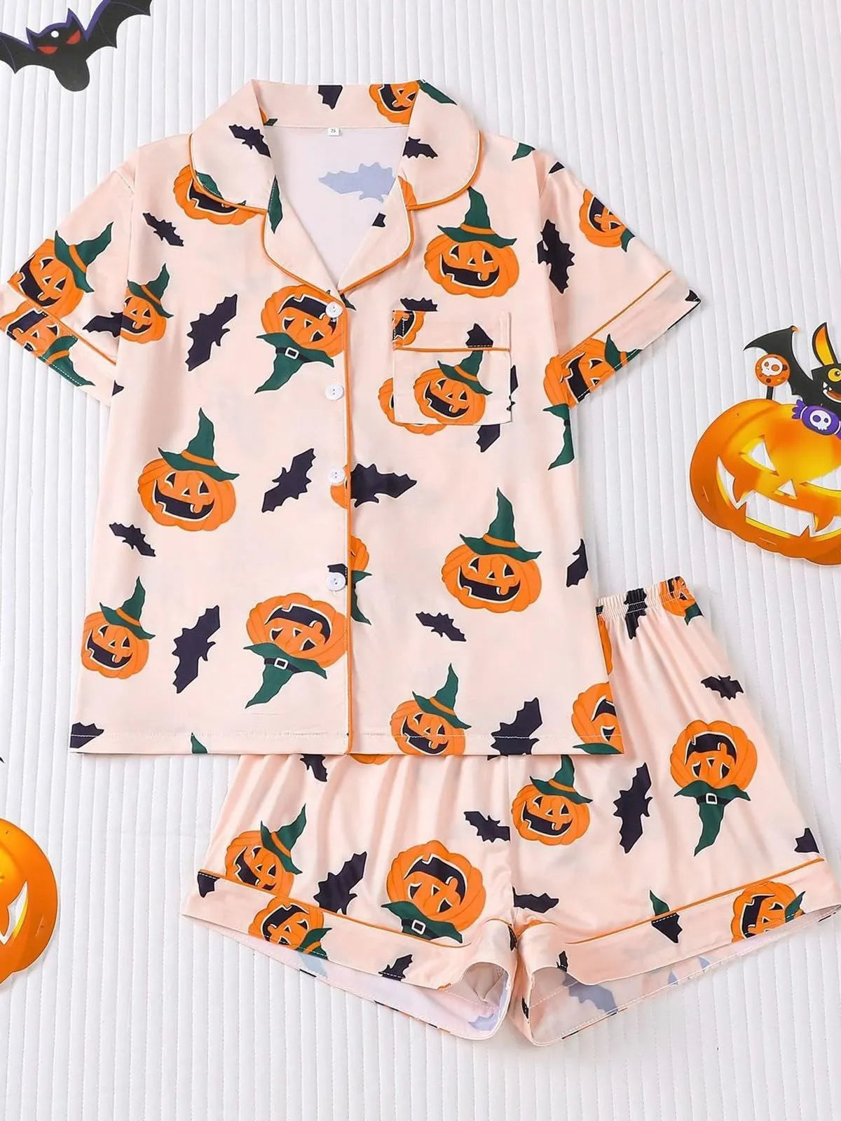 Halloween Women's Sleepwear Set, Soft Button Front Shirt & Elastic Shorts