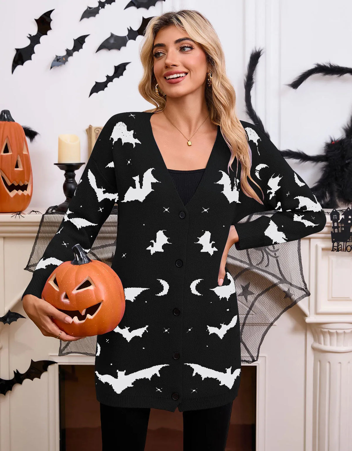 Halloween Bat Button V-neck Black and White Outwear Cardigan