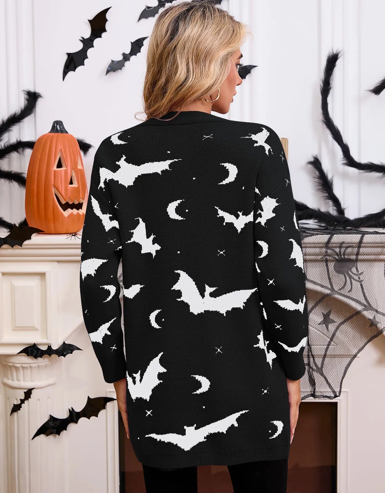 Halloween Bat Button V-neck Black and White Outwear Cardigan