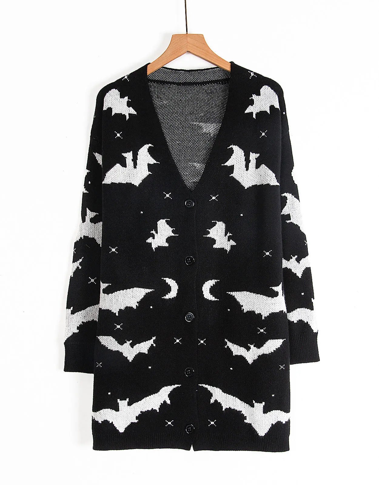 Halloween Bat Button V-neck Black and White Outwear Cardigan