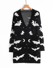 Halloween Bat Button V-neck Black and White Outwear Cardigan