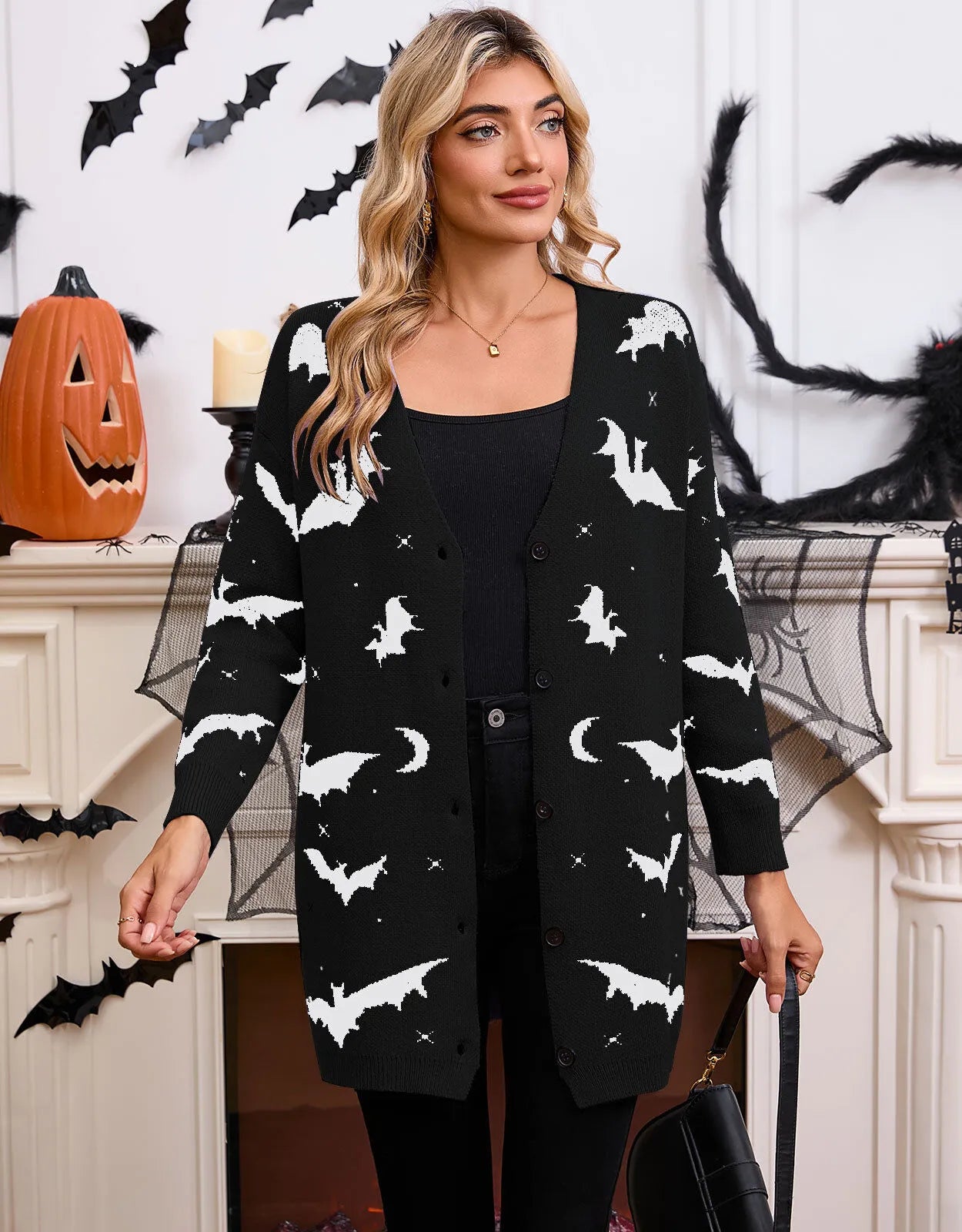 Halloween Bat Button V-neck Black and White Outwear Cardigan