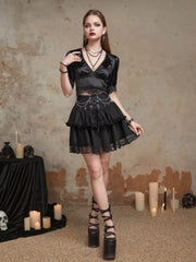 Halloween Chain Lolita Style Lace High Rise Tie Tiered Skirt