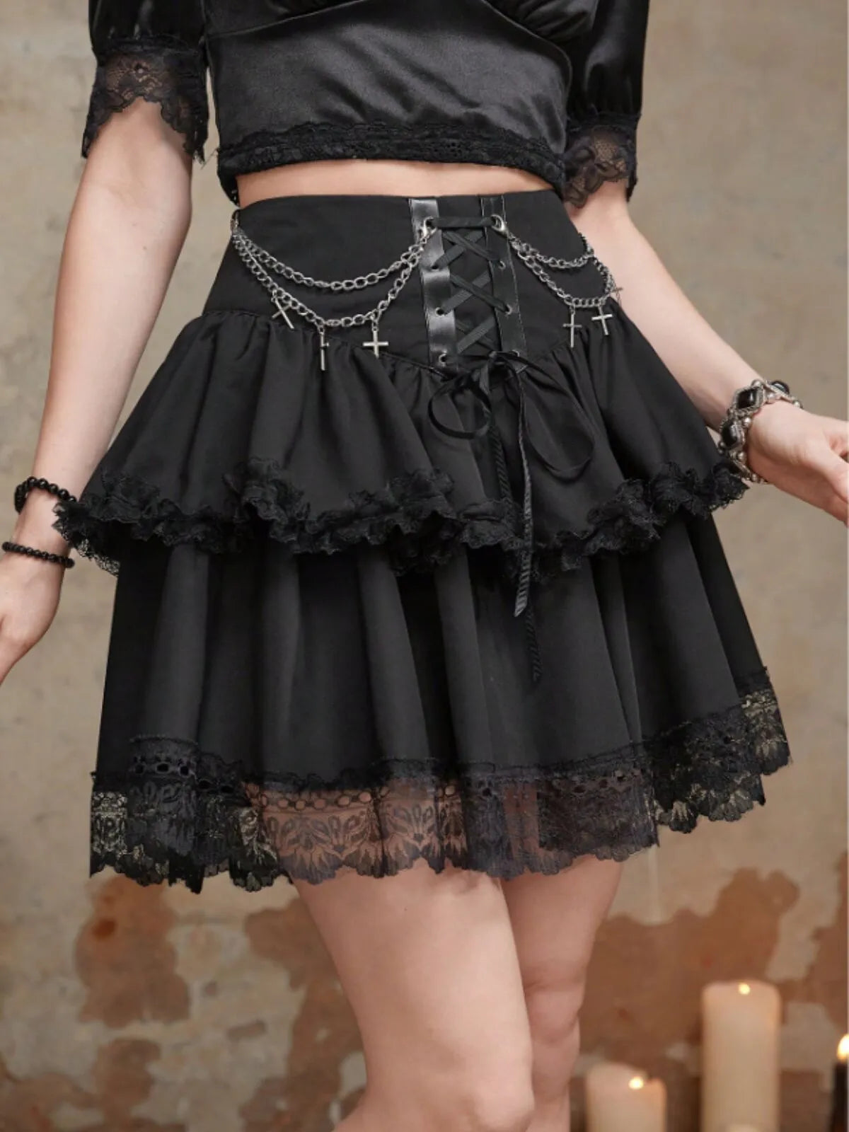 Halloween Chain Lolita Style Lace High Rise Tie Tiered Skirt