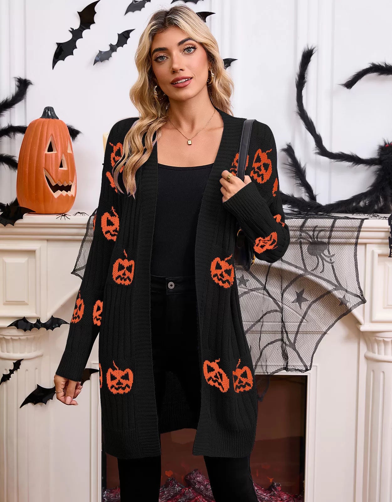 Halloween Rib-knit Pumpkin V-neck Outwear Cardigan