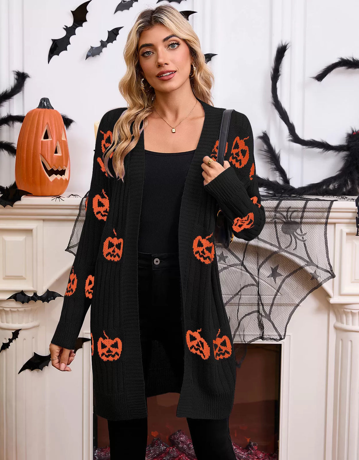 Halloween Rib-knit Pumpkin V-neck Outwear Cardigan