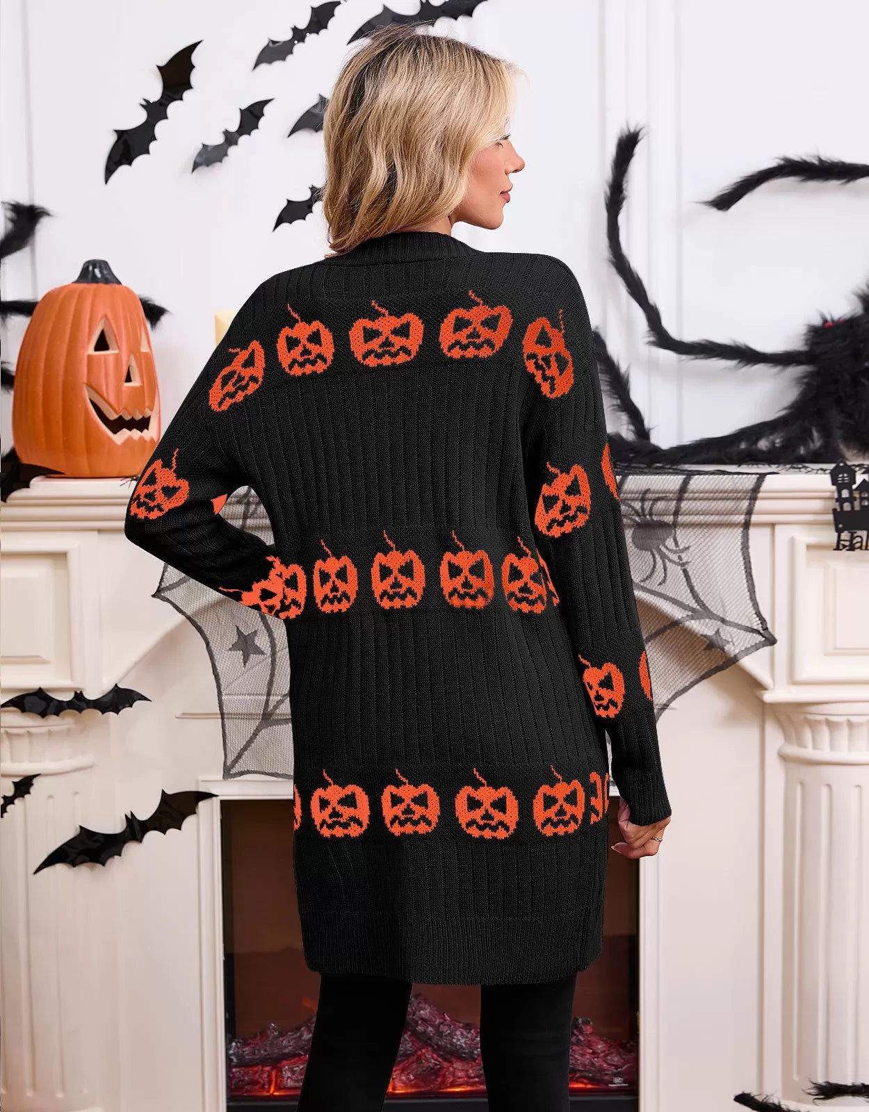 Halloween Rib-knit Pumpkin V-neck Outwear Cardigan