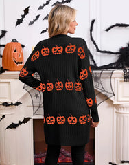 Halloween Rib-knit Pumpkin V-neck Outwear Cardigan