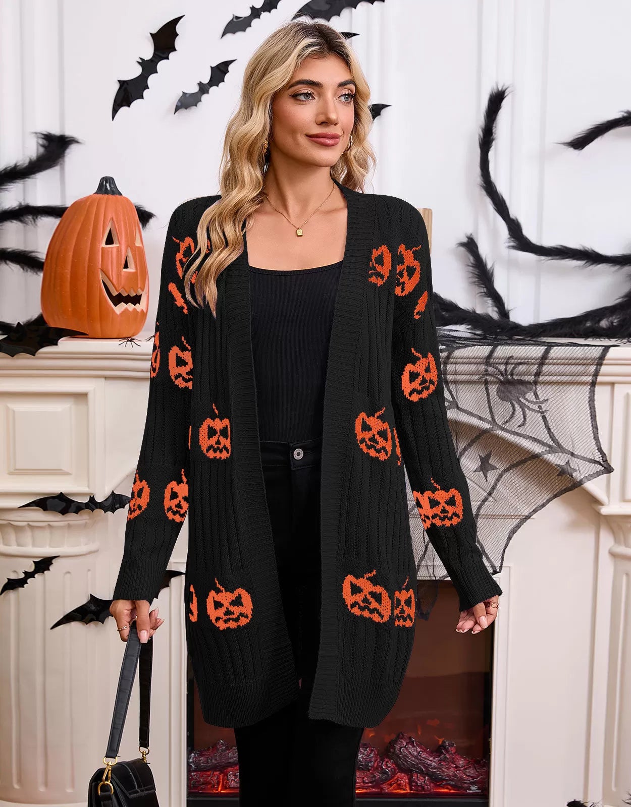 Halloween Rib-knit Pumpkin V-neck Outwear Cardigan