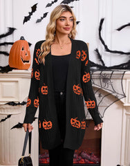 Halloween Rib-knit Pumpkin V-neck Outwear Cardigan